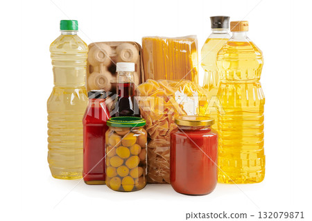 Foodstuffs in donation box isolated on white background with clipping path for volunteer to help people. 132079871