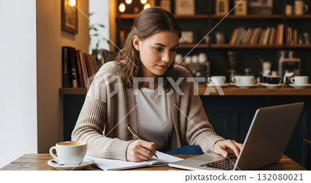 一邊喝咖啡一邊在筆記型電腦上工作的生活場景 132080021