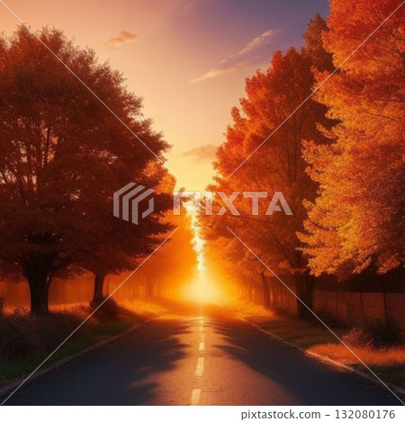 Tree-lined avenue illuminated by the setting sun 132080176