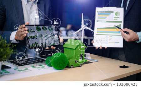 business team people planning and discussing on recycle reduce reuse policy symbol in office meeting room. Green business company 132080423