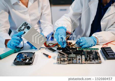 The technician is putting the CPU on the socket of the computer motherboard. electronic engineering electronic 132080457