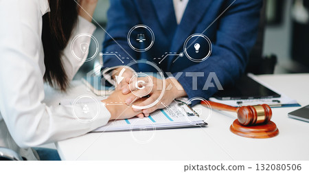 Copyright or patent concept, Business team analyzing data and using smart phone and tablet with virtual screen copyright icon 132080506