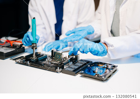 The technician is putting the CPU on the socket of the computer motherboard. electronic engineering electronic repair, electronics measuring The technician is putting the CPU on the socket of the computer motherboard. electronic engineering electronic repair, electronics measuring 132080541
