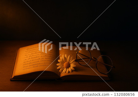 Book, glasses and daisy flowers in soft light - quiet evening reading concept 132080656