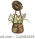 Hunting set. Hunter's bag, hat, cattails, reeds, and cane. Watercolor illustrations isolated on a white background. Hand-drawn. For cards, scrapbooking and printing 132081039