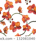 Orange orchid branch. Seamless pattern. For wallpaper and textiles. Watercolor illustration on a white background. Hand-drawn 132081040
