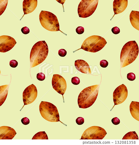 A seamless watercolor pattern with autumn leaves and berries on a light green background, large. A seamless watercolor pattern with autumn leaves and berries on a light green background, large. 132081358
