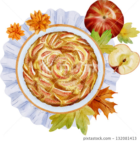 Hand-drawn watercolor illustration of a delicious apple pie Hand-drawn watercolor illustration of a delicious apple pie 132081413