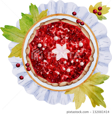 Watercolor cranberry pie. Savory pies with red berries. Cranberry pie for Thanksgiving. Sweet homemade pastries. Watercolor cranberry pie. Savory pies with red berries. Cranberry pie for Thanksgiving. Sweet homemade pastries. 132081414