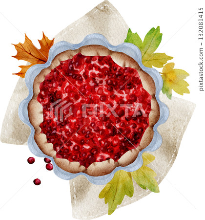 Watercolor cranberry pie. Savory pies with red berries. Cranberry pie for Thanksgiving. Sweet homemade pastries. 132081415