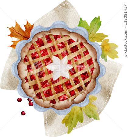 Watercolor cranberry pie. Savory pies with red berries. Cranberry pie for Thanksgiving. Sweet homemade pastries. Watercolor cranberry pie. Savory pies with red berries. Cranberry pie for Thanksgiving. Sweet homemade pastries. 132081417