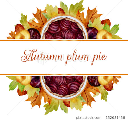 Watercolor illustration frame for Thanksgiving. Garlands with pies and autumn leaves. 132081436