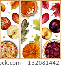 Happy Thanksgiving. Watercolor illustration of the autumn harvest with pumpkin pie, hot drinks, Perfect for invitations, greeting cards, posters, prints, social media. 132081442