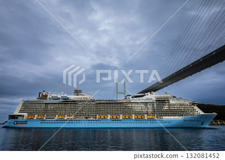 Passenger ship arriving at Nagasaki Port (Spectrum of the Seas) passing Megami Bridge [Nagasaki City] 132081452