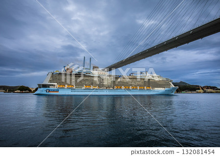 Passenger ship arriving at Nagasaki Port (Spectrum of the Seas) passing Megami Bridge [Nagasaki City] 132081454
