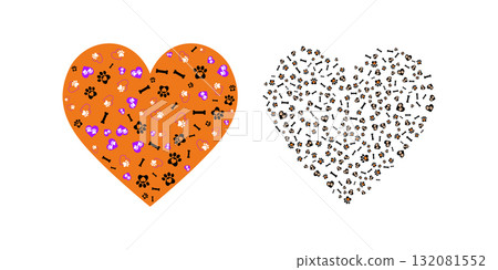 Heart shaped design filled with pet paw prints and bones, perfect for animal lovers. 132081552