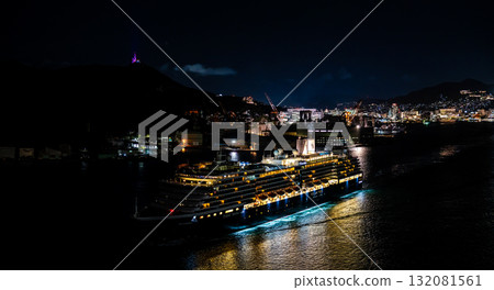 Nagasaki Port Cruise Ship Departure (Westerdam) Night View Illuminated Panorama from Megami Bridge [Nagasaki City] 132081561