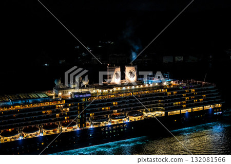 Departing Nagasaki Port with the Westerdam cruise ship. Night view illuminated from Megami Bridge [Nagasaki City] 132081566