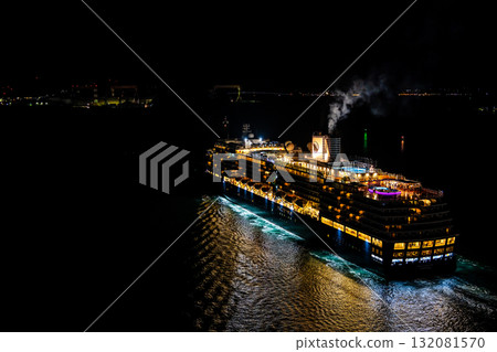 Departing Nagasaki Port with the Westerdam cruise ship. Night view illuminated from Megami Bridge [Nagasaki City] 132081570