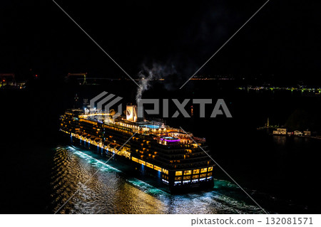 Departing Nagasaki Port with the Westerdam cruise ship. Night view illuminated from Megami Bridge [Nagasaki City] 132081571