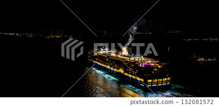 Nagasaki Port Cruise Ship Departure (Westerdam) Night View Illuminated Panorama from Megami Bridge [Nagasaki City] 132081572