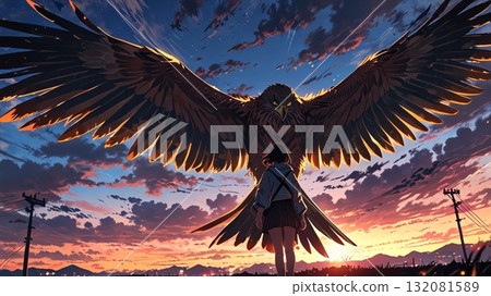 夕陽下起飛的白尾鷹－人工智慧生成 132081589