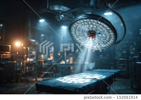 Surgical lamp illuminating operating table in empty operating room Surgical lamp illuminating operating table in empty operating room 132081914