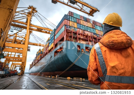 Dockworker supervising cargo ship loading operations in port Dockworker supervising cargo ship loading operations in port 132081933