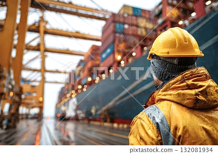 Dockworker wearing yellow hardhat supervising cargo ship loading in rainy port 132081934