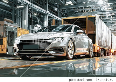 Silver car leaving assembly line in modern car factory Silver car leaving assembly line in modern car factory 132081939