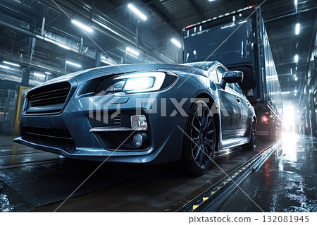Wet sport sedan leaving assembly line after production Wet sport sedan leaving assembly line after production 132081945