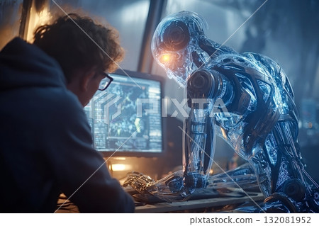 Software engineer working with hologram of a robot on computer 132081952