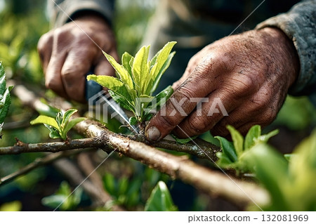 Farmer grafting sapling on tree branch in orchard 132081969