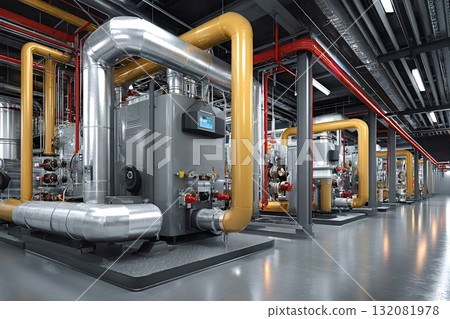 Industrial boiler room with complex network of pipes providing heating and hot water Industrial boiler room with complex network of pipes providing heating and hot water 132081978