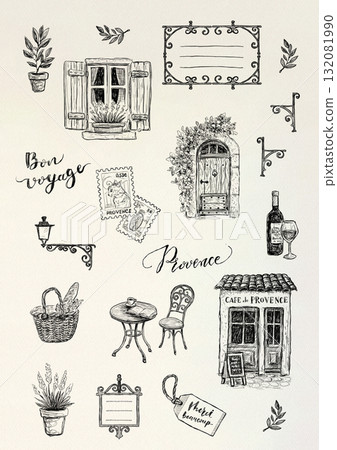 Provence line drawing illustration set on kraft paper background. Natural French style design. Provence line drawing illustration set on kraft paper background. Natural French style design. 132081990
