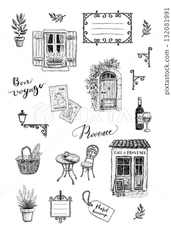 Provence line drawing material set on transparent background Hand-drawn illustration elements Provence line drawing material set on transparent background Hand-drawn illustration elements 132081991
