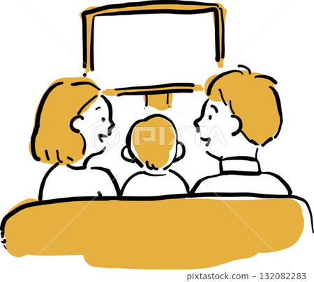 Hand-drawn illustration of a family watching TV on the sofa 132082283