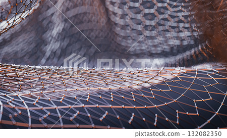 3D render of complex wireframe structure with glowing orange and blue highlights 132082350