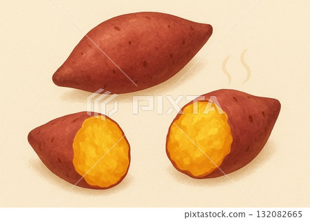 三個烤地瓜。秋天的味道。紅薯插圖。烘烤前後對比。 132082665