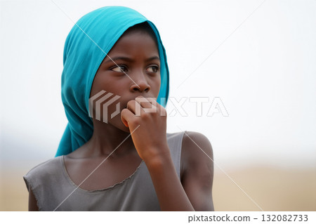 Young Girl in a Blue Headscarf Stands Pensively Outdoors During a Cloudy Day Young Girl in a Blue Headscarf Stands Pensively Outdoors During a Cloudy Day 132082733