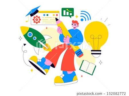 EdTech Startup Vector Illustration Featuring Opportunities in E-Learning, Modern Education Platform, and Online Learning Technology Innovation 132082772