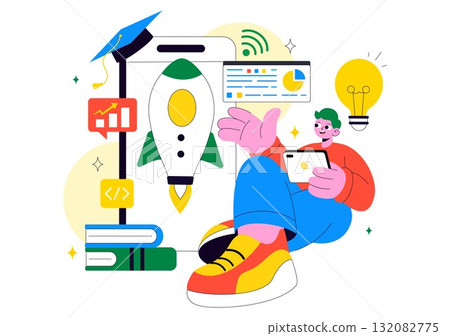 EdTech Startup Vector Illustration Featuring Opportunities in E-Learning, Modern Education Platform, and Online Learning Technology Innovation 132082775