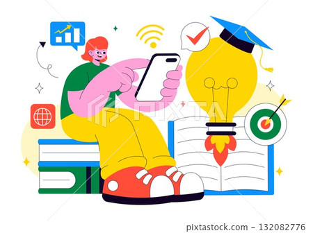 EdTech Startup Vector Illustration Featuring Opportunities in E-Learning, Modern Education Platform, and Online Learning Technology Innovation 132082776