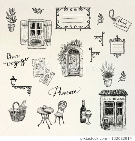 Provence line drawing illustration set on kraft paper background. Natural and French-style design. 132082914