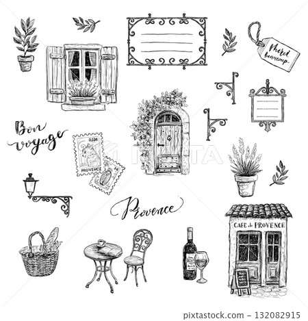 Provence line drawing material set on transparent background Hand-drawn illustration elements 132082915