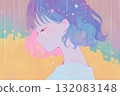 用柔和的色彩繪製的表情一閃而過的女人（插圖、動畫、幻想） 132083148