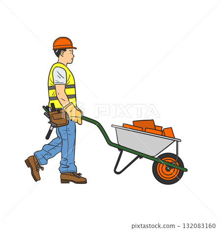 Worker pushing a wheelbarrow containing bricks Worker pushing a wheelbarrow containing bricks 132083160