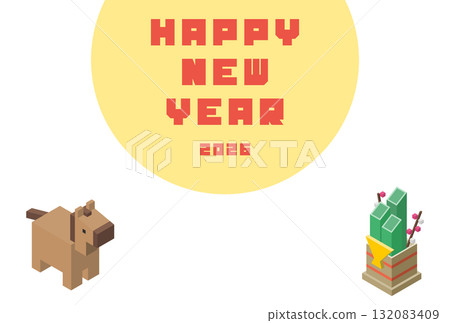 等距插圖:馬和門松新年賀卡模板(水平) 等距插圖:馬和門松新年賀卡模板(水平) 132083409