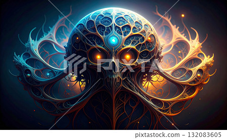 AI Neural Network Pattern Glowing on Black Metal Surface. AI themed Background. Generated Image AI Neural Network Pattern Glowing on Black Metal Surface. AI themed Background. Generated Image 132083605