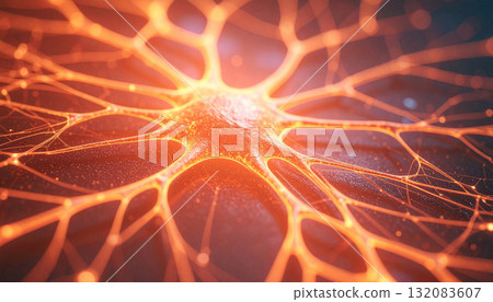 AI Neural Network Pattern Glowing on Black Metal Surface. AI themed Background. Generated Image AI Neural Network Pattern Glowing on Black Metal Surface. AI themed Background. Generated Image 132083607
